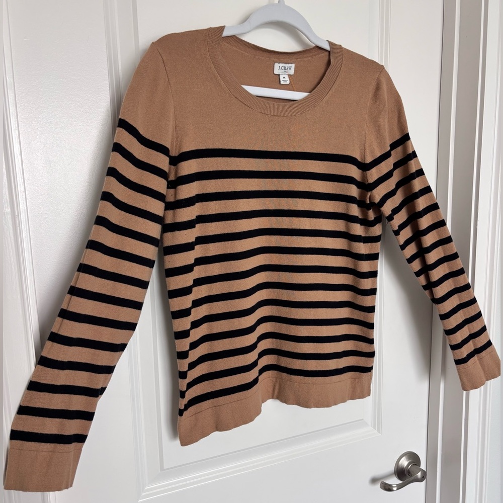 J.Crew Striped Cotton Sweater Camel Black Classic Preppy Parisian Knit Top M